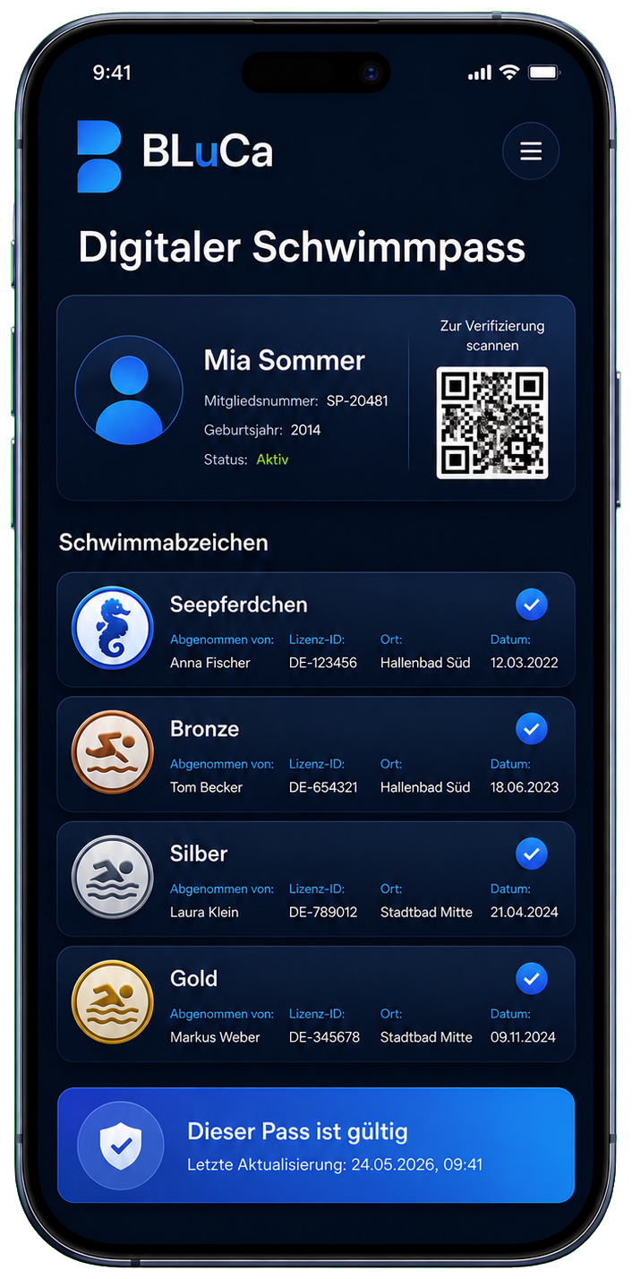 Smartphone mit digitalem BLuCa Schwimmpass und verifizierten Abzeichen